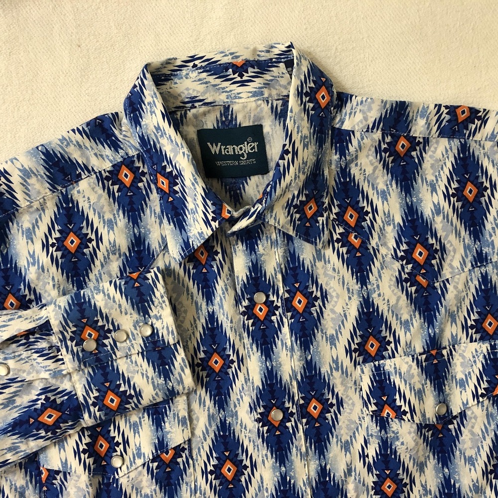 Vintage Wrangler Shirt Mens XL Blue Aztec Western‎ Pearl Snap Front Brushpopper